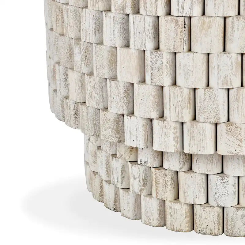 Round Woven Texture Mango Wood End Table Cream Natural Finish
