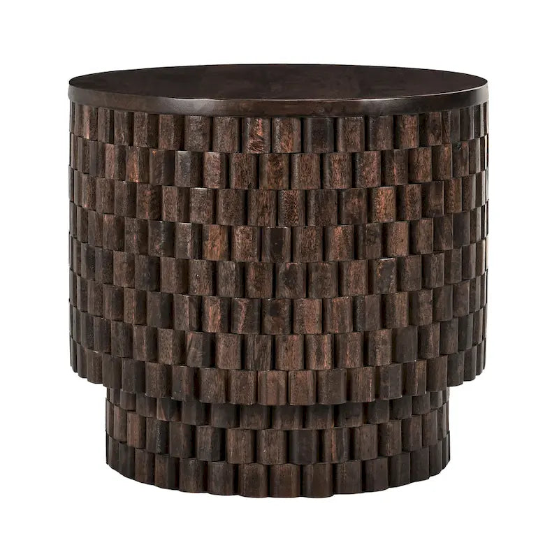 Round Woven Texture Mango Wood End Table Cream Natural Finish