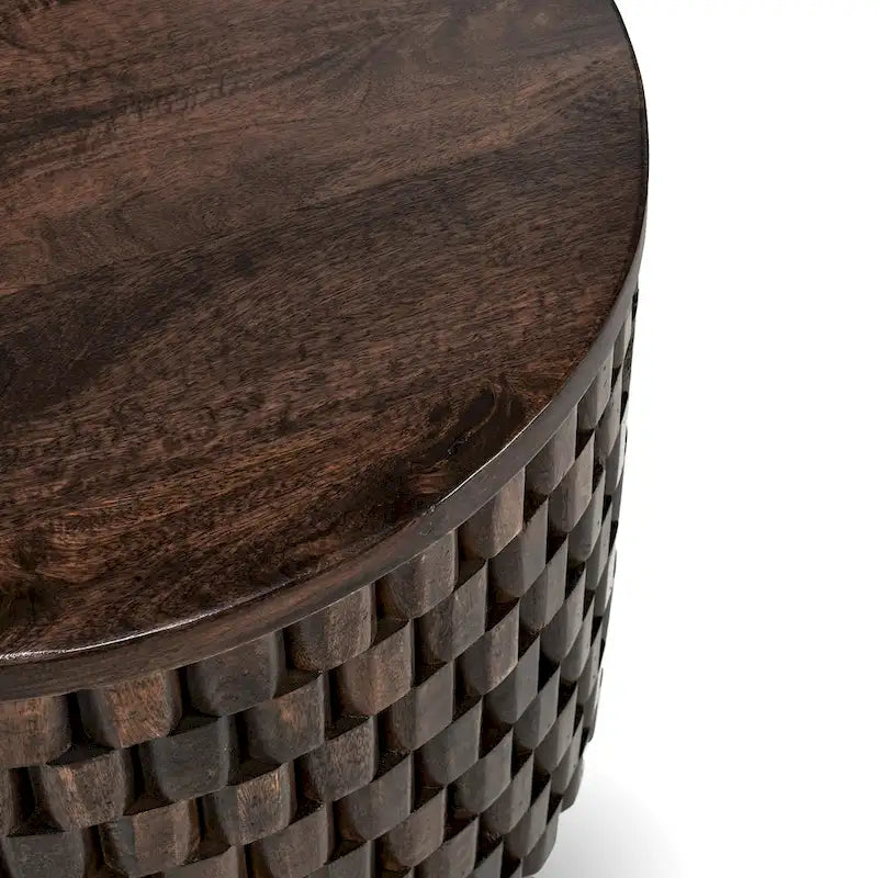 Round Woven Texture Mango Wood End Table Cream Natural Finish