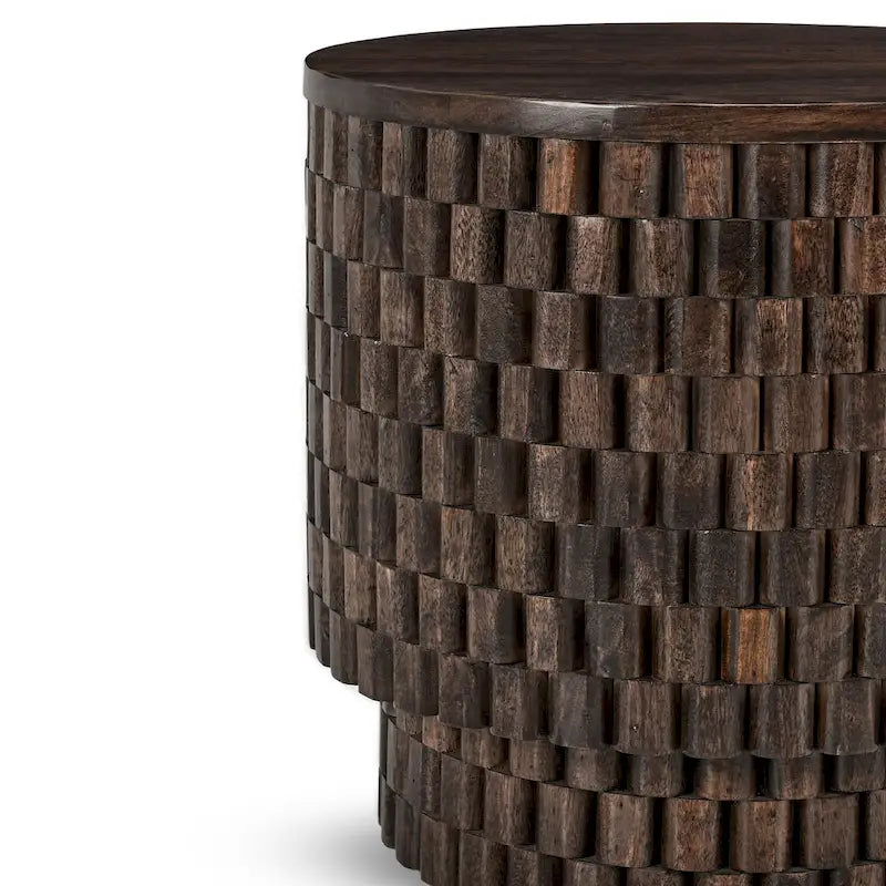 Round Woven Texture Mango Wood End Table Cream Natural Finish
