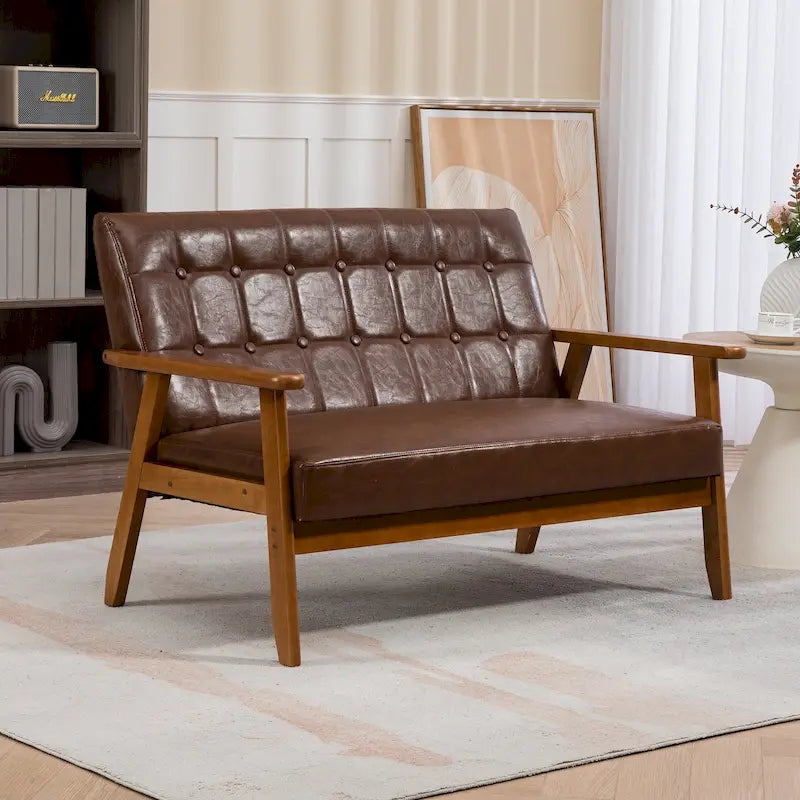 Tufted Loveseat Sofa Wood Frame Upholstered 2-Seat Couch Beige Linen