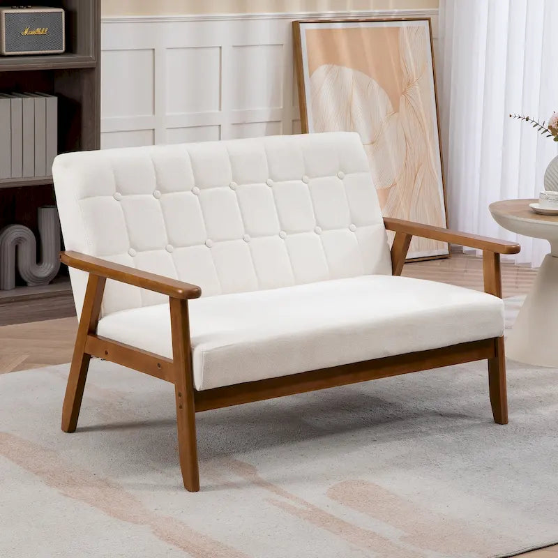 Tufted Loveseat Sofa Wood Frame Upholstered 2-Seat Couch Beige Linen