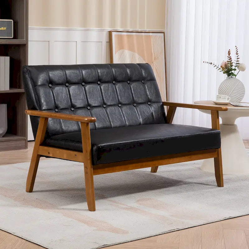 Tufted Loveseat Sofa Wood Frame Upholstered 2-Seat Couch Beige Linen