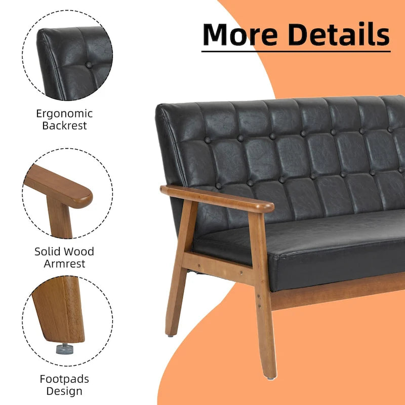 Tufted Loveseat Sofa Wood Frame Upholstered 2-Seat Couch Beige Linen