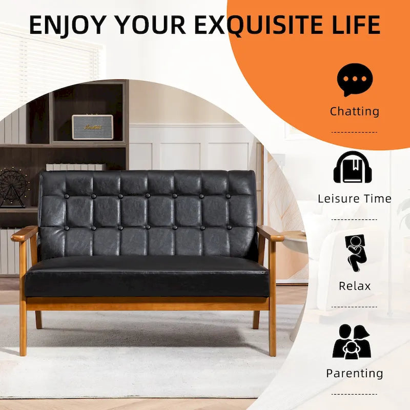 Tufted Loveseat Sofa Wood Frame Upholstered 2-Seat Couch Beige Linen