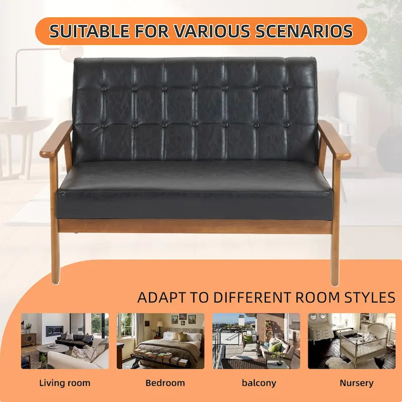 Tufted Loveseat Sofa Wood Frame Upholstered 2-Seat Couch Beige Linen
