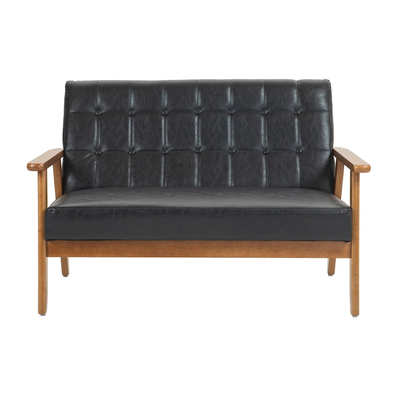 Tufted Loveseat Sofa Wood Frame Upholstered 2-Seat Couch Beige Linen