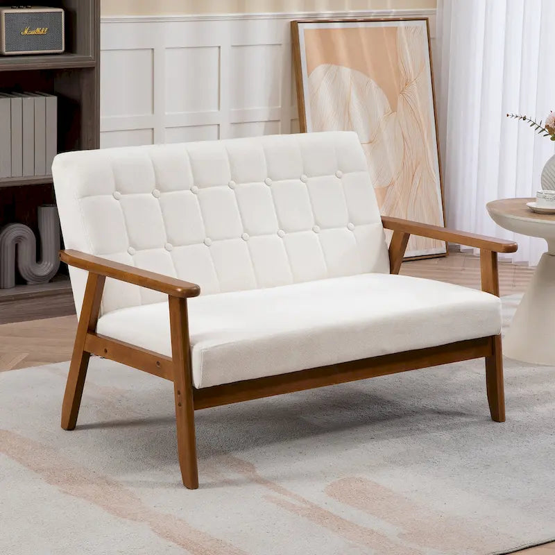 Tufted Loveseat Sofa Wood Frame Upholstered 2-Seat Couch Beige Linen