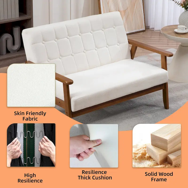 Tufted Loveseat Sofa Wood Frame Upholstered 2-Seat Couch Beige Linen