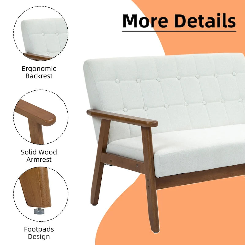 Tufted Loveseat Sofa Wood Frame Upholstered 2-Seat Couch Beige Linen