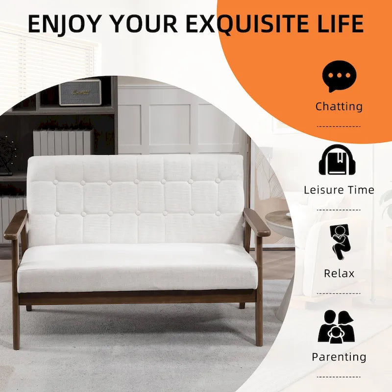 Tufted Loveseat Sofa Wood Frame Upholstered 2-Seat Couch Beige Linen