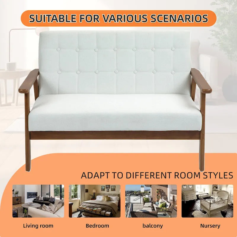 Tufted Loveseat Sofa Wood Frame Upholstered 2-Seat Couch Beige Linen