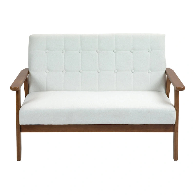 Tufted Loveseat Sofa Wood Frame Upholstered 2-Seat Couch Beige Linen