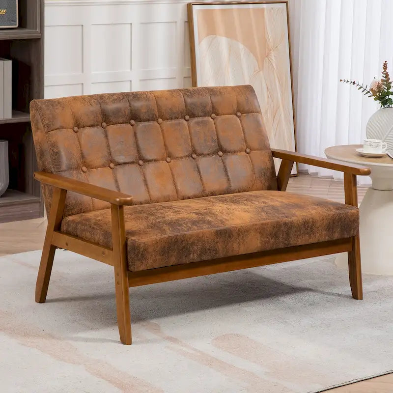 Tufted Loveseat Sofa Wood Frame Upholstered 2-Seat Couch Beige Linen