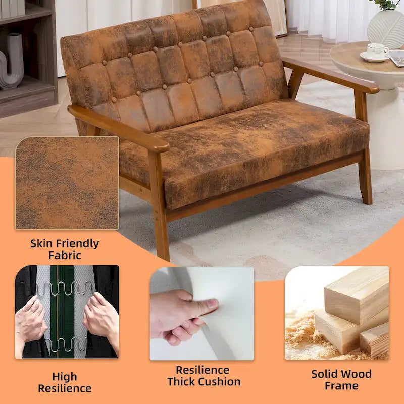 Tufted Loveseat Sofa Wood Frame Upholstered 2-Seat Couch Beige Linen
