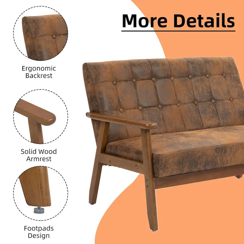 Tufted Loveseat Sofa Wood Frame Upholstered 2-Seat Couch Beige Linen