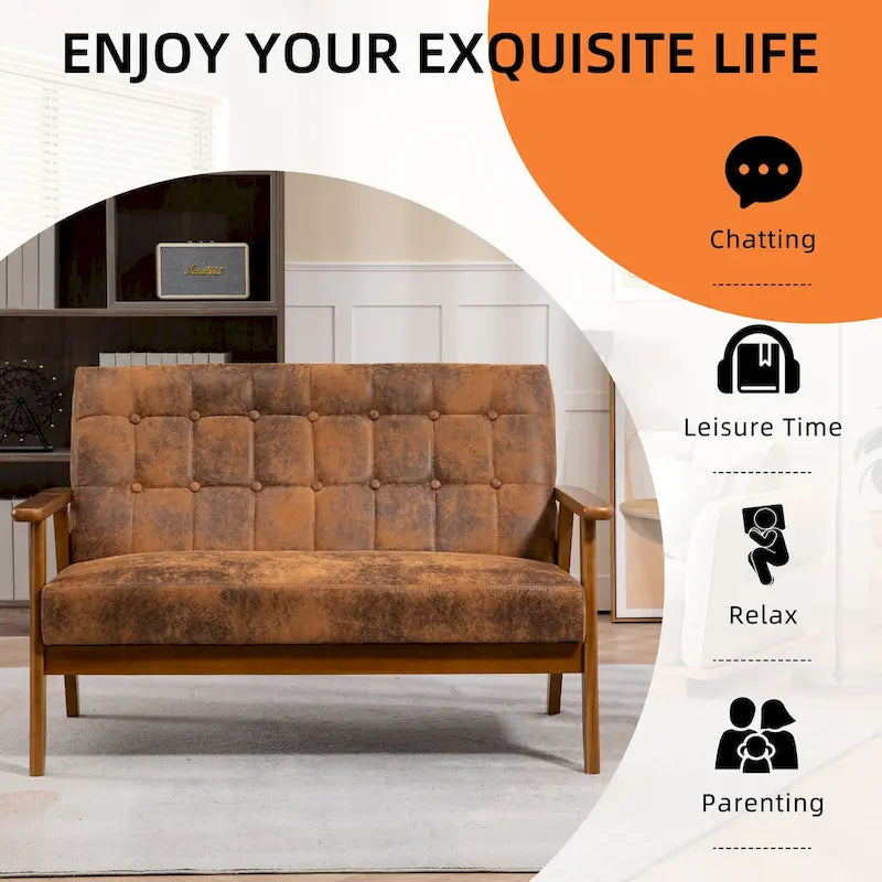 Tufted Loveseat Sofa Wood Frame Upholstered 2-Seat Couch Beige Linen