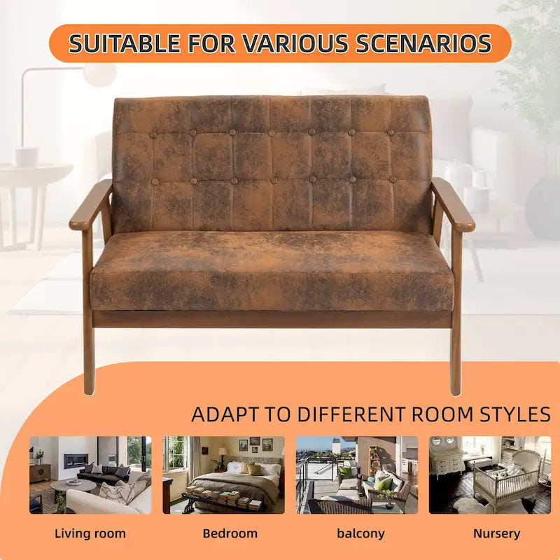 Tufted Loveseat Sofa Wood Frame Upholstered 2-Seat Couch Beige Linen