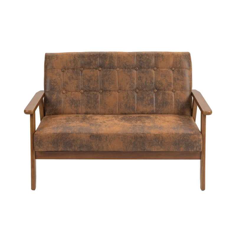 Tufted Loveseat Sofa Wood Frame Upholstered 2-Seat Couch Beige Linen