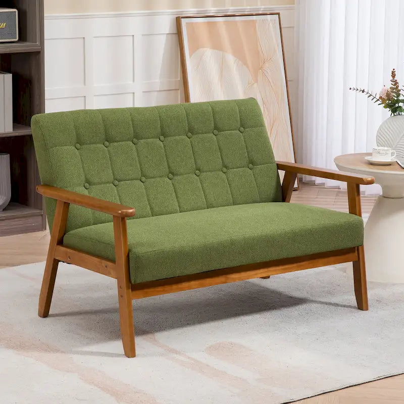 Tufted Loveseat Sofa Wood Frame Upholstered 2-Seat Couch Beige Linen