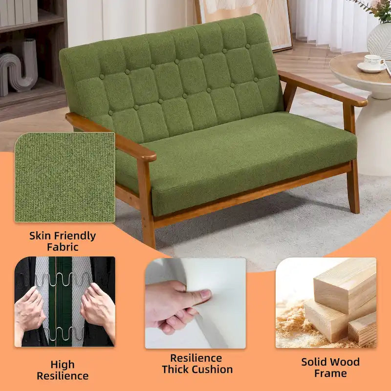 Tufted Loveseat Sofa Wood Frame Upholstered 2-Seat Couch Beige Linen