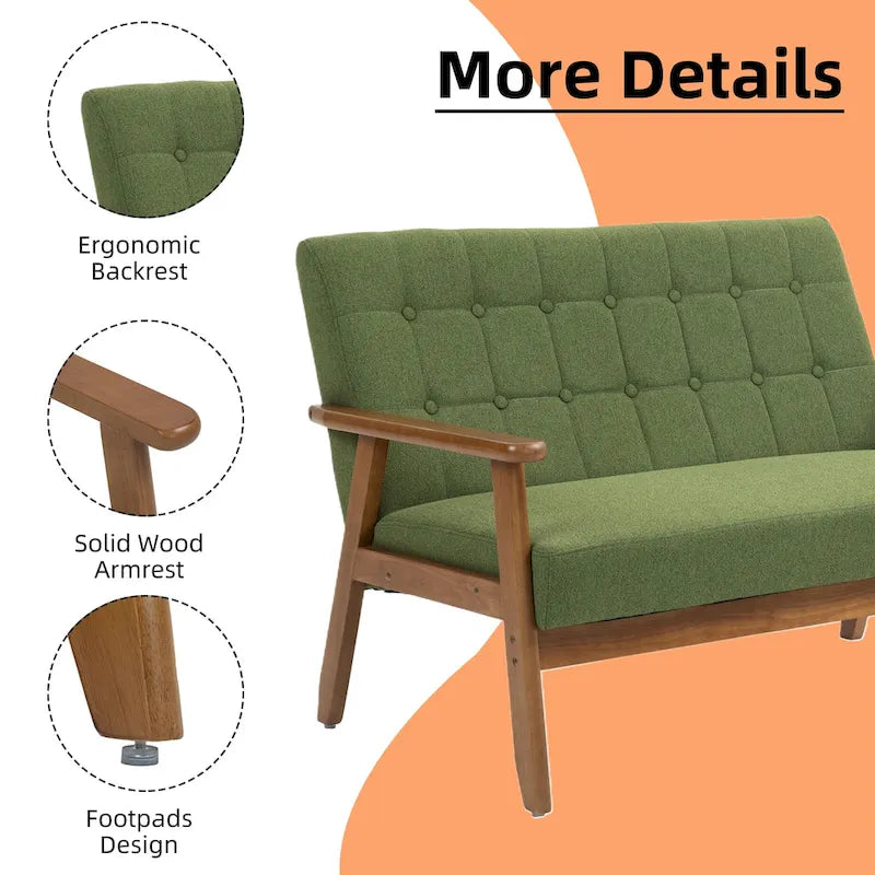 Tufted Loveseat Sofa Wood Frame Upholstered 2-Seat Couch Beige Linen