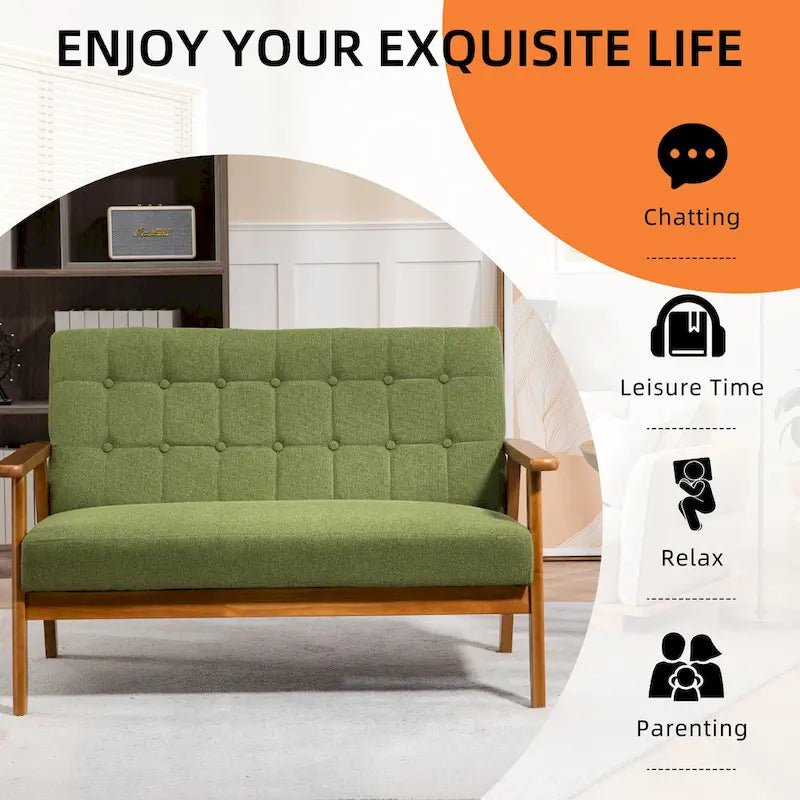 Tufted Loveseat Sofa Wood Frame Upholstered 2-Seat Couch Beige Linen