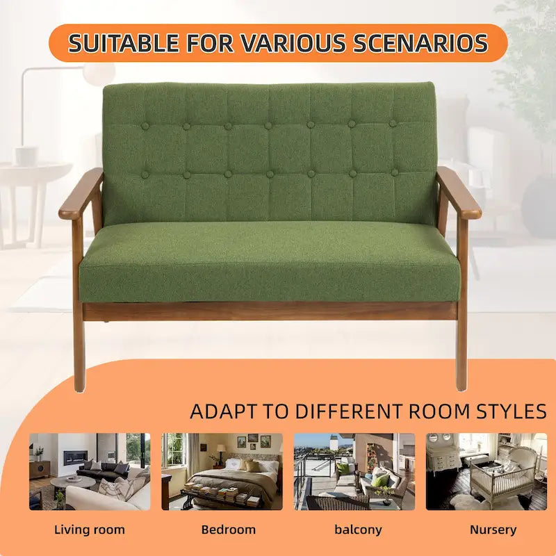 Tufted Loveseat Sofa Wood Frame Upholstered 2-Seat Couch Beige Linen
