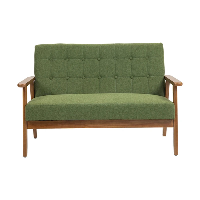 Tufted Loveseat Sofa Wood Frame Upholstered 2-Seat Couch Beige Linen