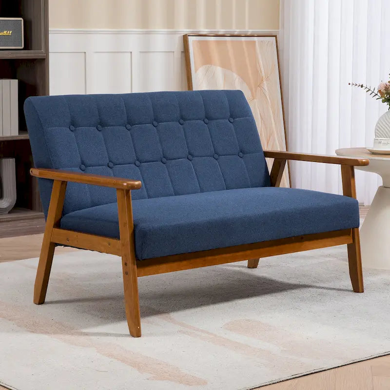 Tufted Loveseat Sofa Wood Frame Upholstered 2-Seat Couch Beige Linen