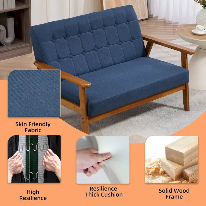 Tufted Loveseat Sofa Wood Frame Upholstered 2-Seat Couch Beige Linen