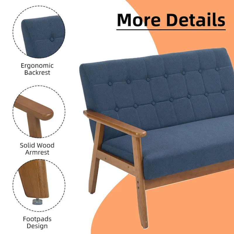 Tufted Loveseat Sofa Wood Frame Upholstered 2-Seat Couch Beige Linen