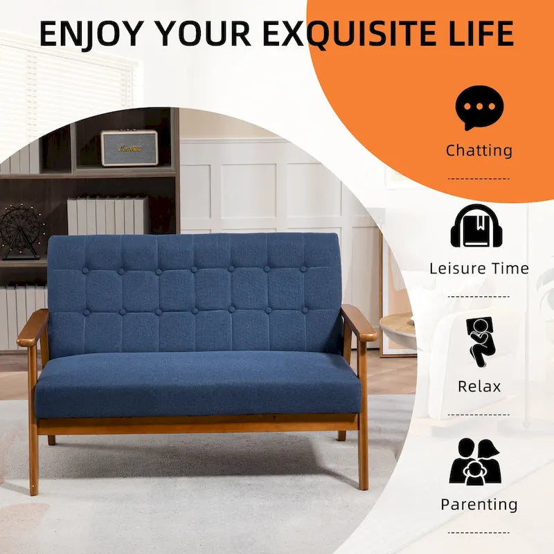Tufted Loveseat Sofa Wood Frame Upholstered 2-Seat Couch Beige Linen