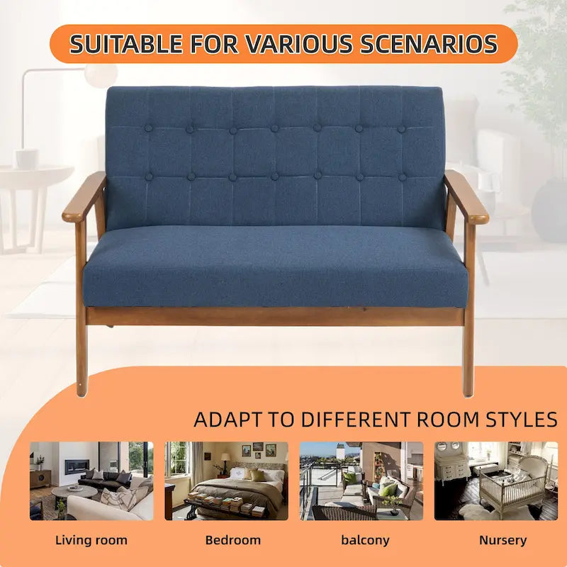 Tufted Loveseat Sofa Wood Frame Upholstered 2-Seat Couch Beige Linen