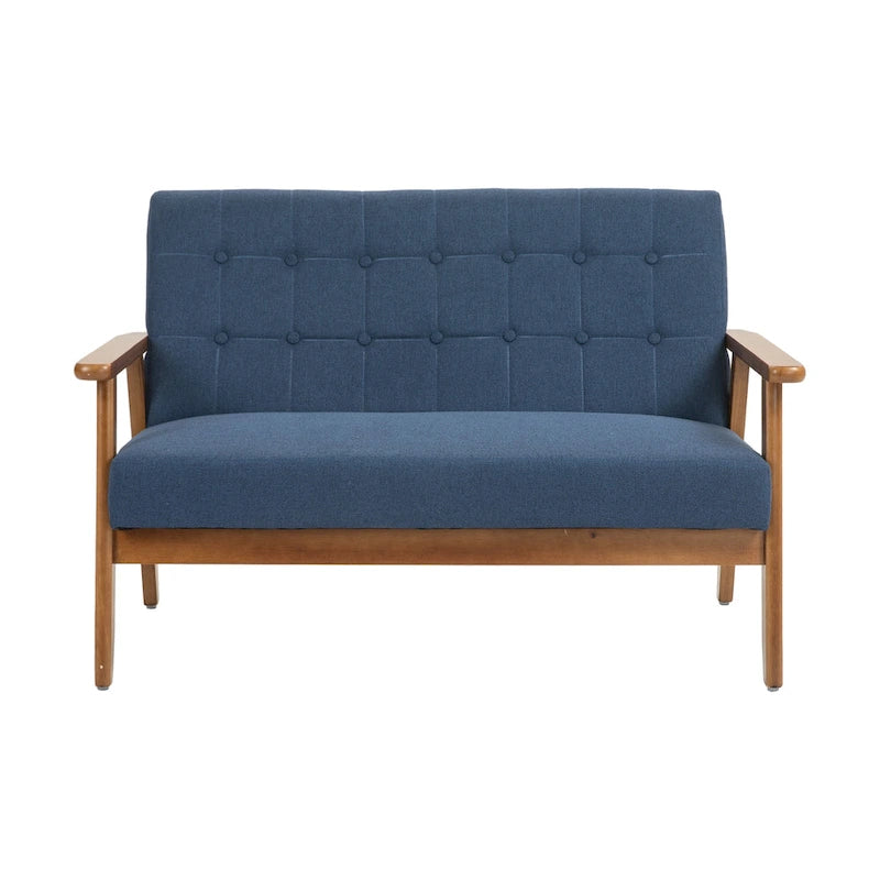 Tufted Loveseat Sofa Wood Frame Upholstered 2-Seat Couch Beige Linen