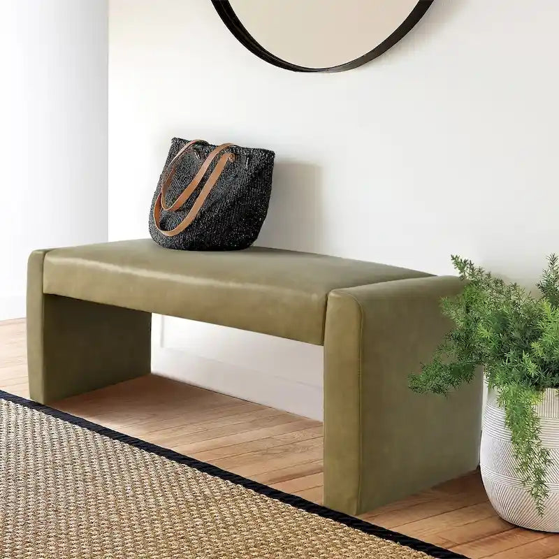 Upholstered Faux Leather Waterfall Bench Black Tan Olive