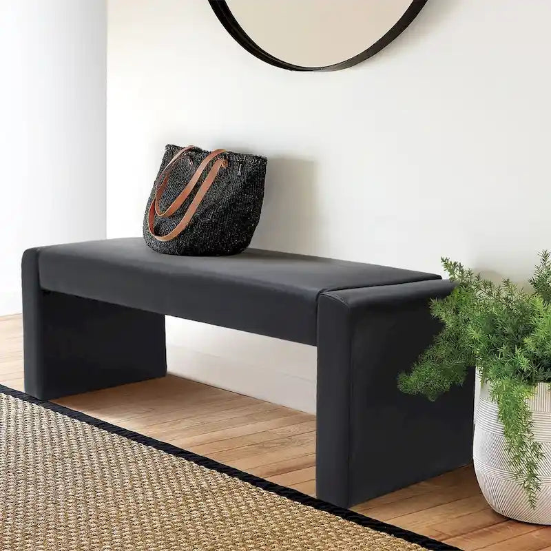 Upholstered Faux Leather Waterfall Bench Black Tan Olive