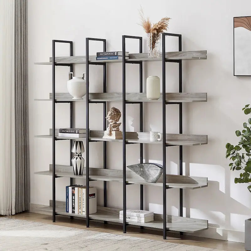 5-Tier Open Bookcase with Steel Frame MDF Shelves White Brown Black Grey