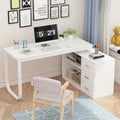 White L-Shaped Computer Desk with Drawers and Storage Shelves