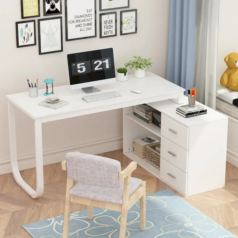 White L-Shaped Computer Desk with Drawers and Storage Shelves