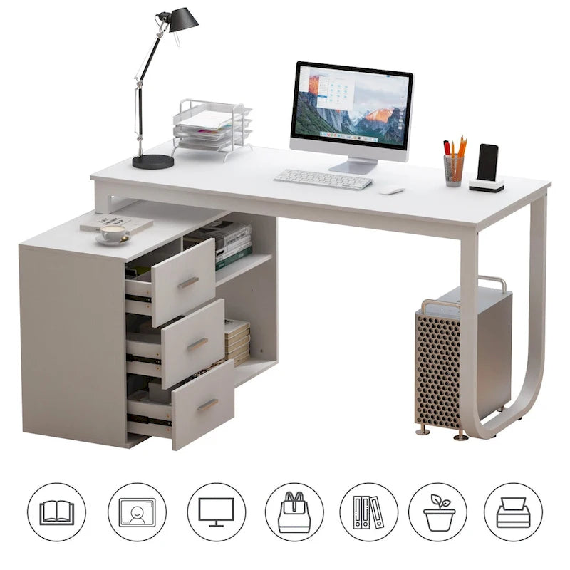 White L-Shaped Computer Desk with Drawers and Storage Shelves