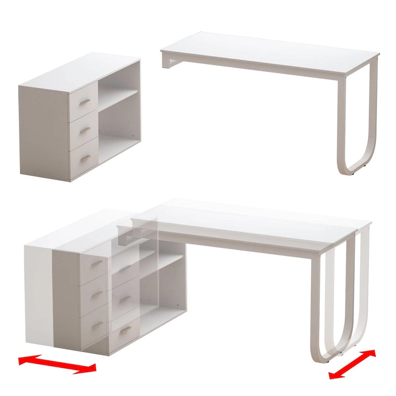 White L-Shaped Computer Desk with Drawers and Storage Shelves