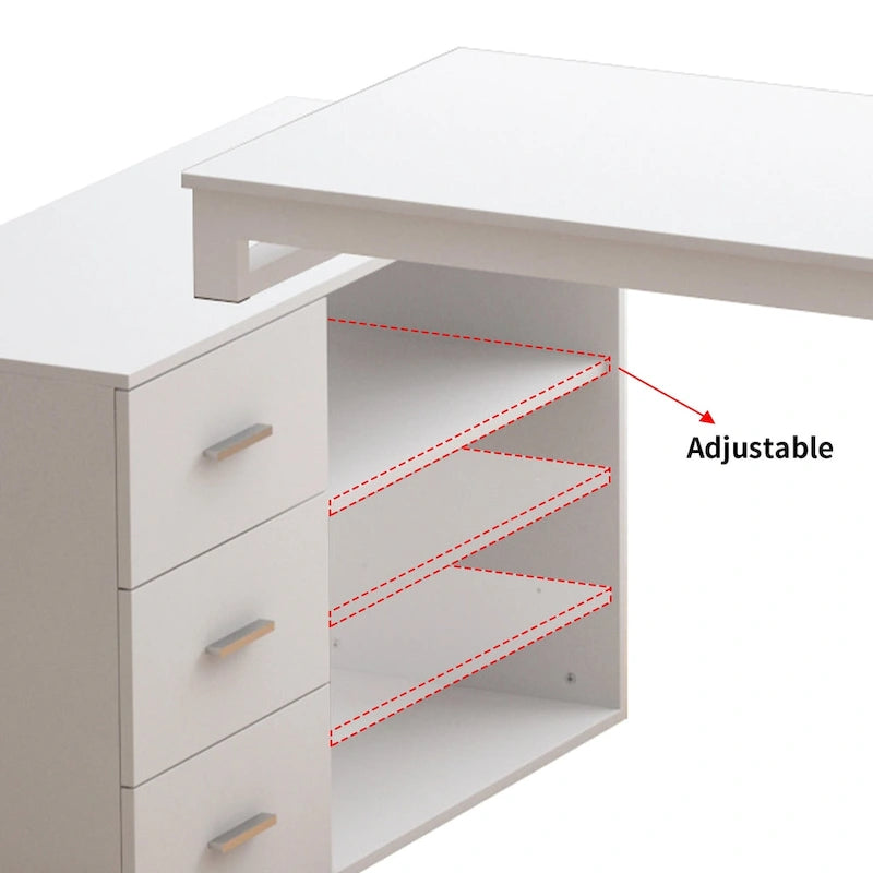 White L-Shaped Computer Desk with Drawers and Storage Shelves