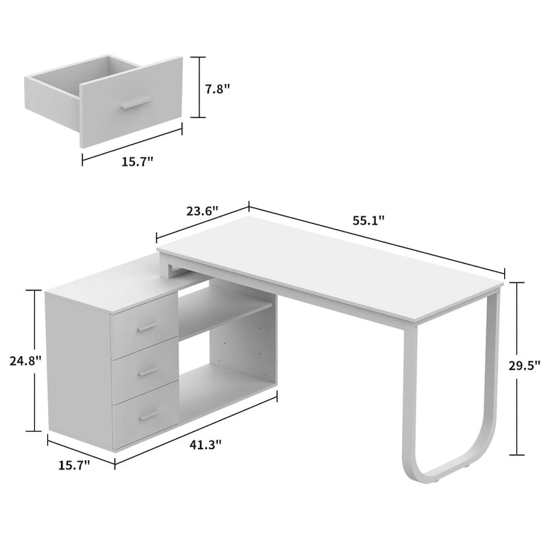White L-Shaped Computer Desk with Drawers and Storage Shelves
