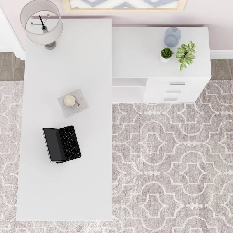 White L-Shaped Computer Desk with Drawers and Storage Shelves
