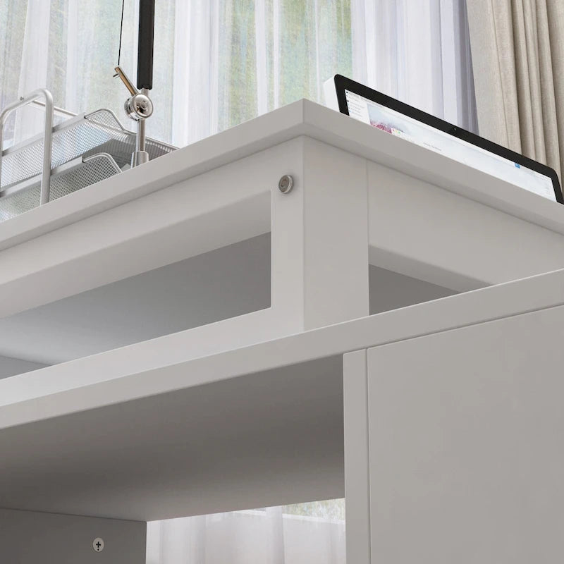White L-Shaped Computer Desk with Drawers and Storage Shelves