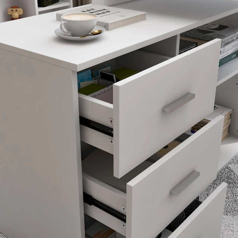 White L-Shaped Computer Desk with Drawers and Storage Shelves