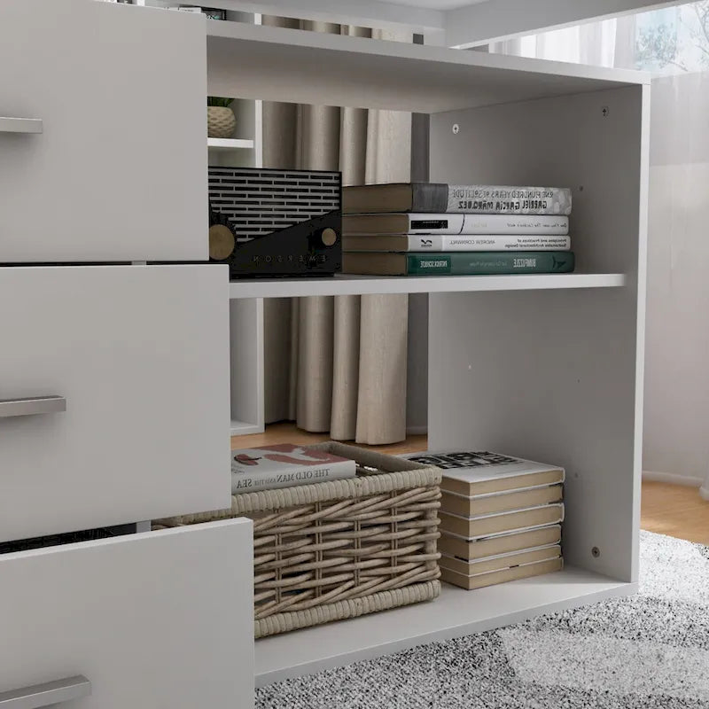 White L-Shaped Computer Desk with Drawers and Storage Shelves