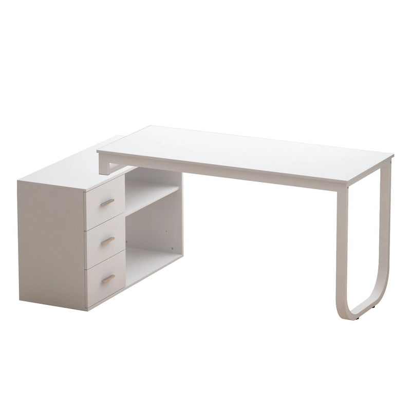 White L-Shaped Computer Desk with Drawers and Storage Shelves