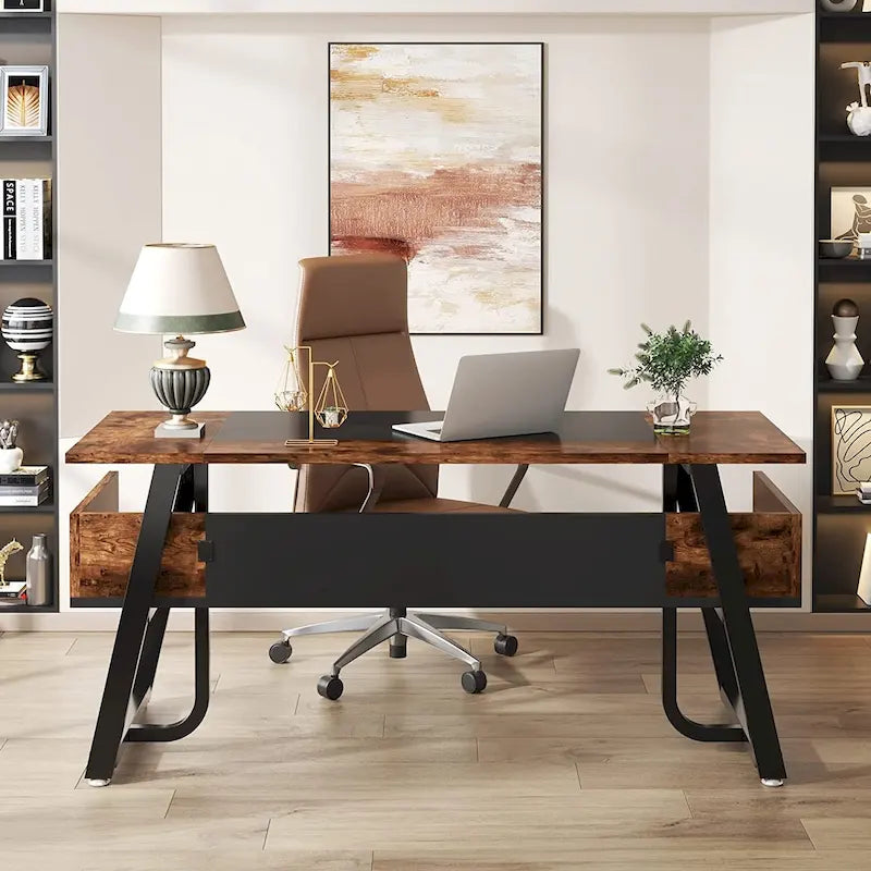 Large Executive Computer Desk with Storage Shelf Rustic Brown Metal Frame
